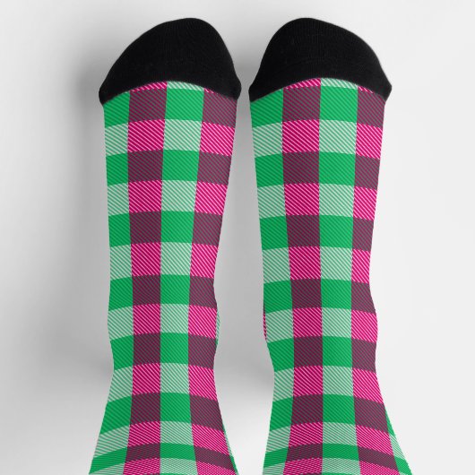 Pink Green Gingham Check Design  ソックス (上部)