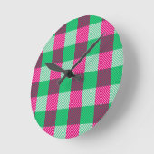 Pink Green Gingham Check Design ラウンド壁時計 (傾斜)