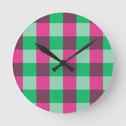 Pink Green Gingham Check Design ラウンド壁時計 (正面)