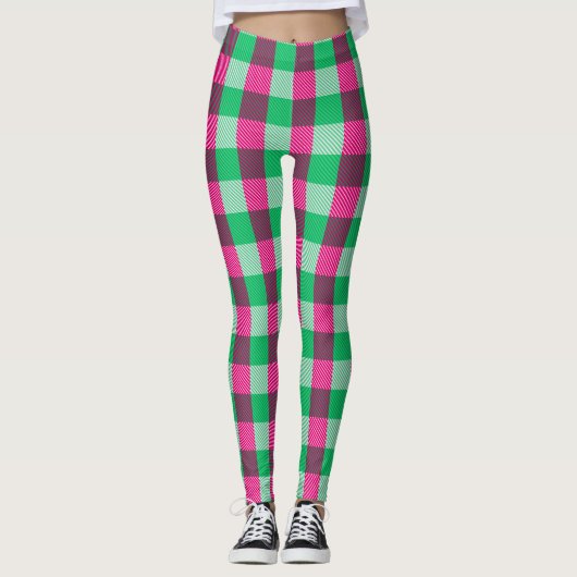 Pink Green Gingham Check Design レギンス (正面)
