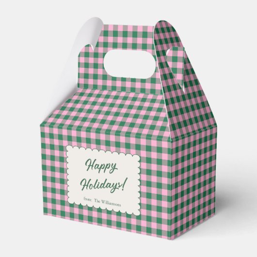 Pink Green Gingham Plaid Personalized Christmas フェイバーボックス (正面サイド)