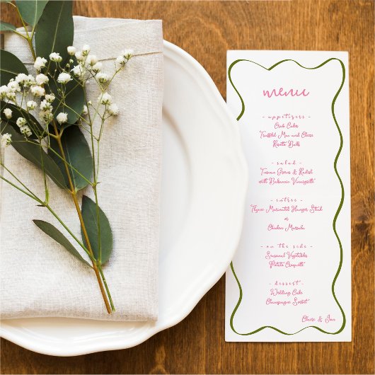 Pink & Green Hand Drawn Curvy Border Wedding Menu メニュー