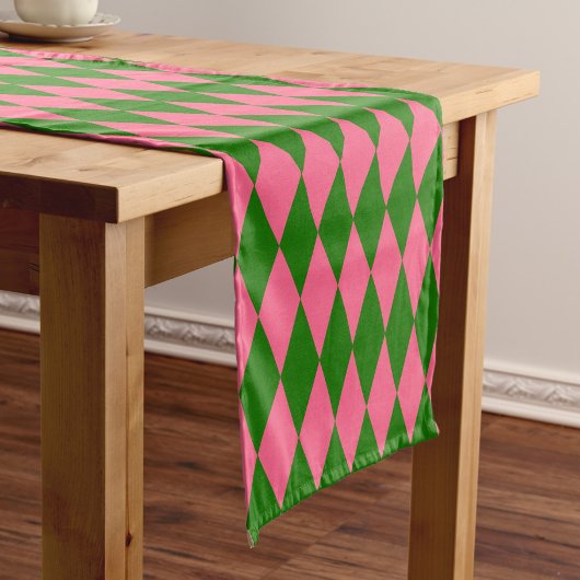 Pink Green Harlequin Checkered Design  ショートテーブルランナー