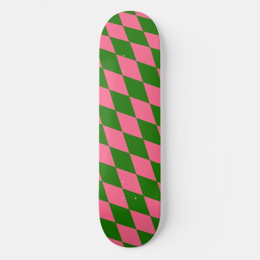 Pink Green Harlequin Checkered Design  スケートボード (正面)
