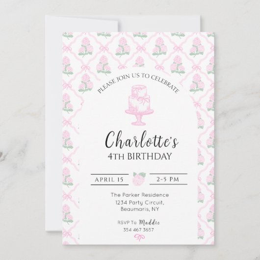 Pink & Green Hydrangea Trellis with Bows 招待状 (正面)