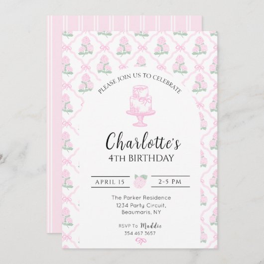 Pink & Green Hydrangea Trellis with Bows 招待状 (正面/裏面)