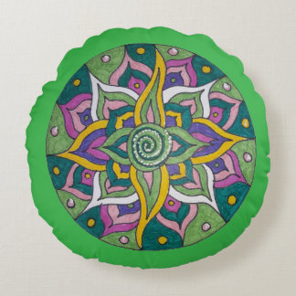 Pink/Green Lotus Mandala Round Throw Pillow ラウンドクッション
