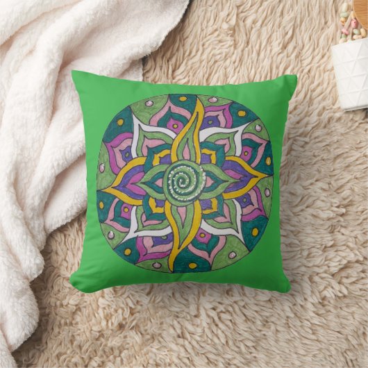 Pink/Green Lotus Mandala Throw Pillow クッション (ブランケット)