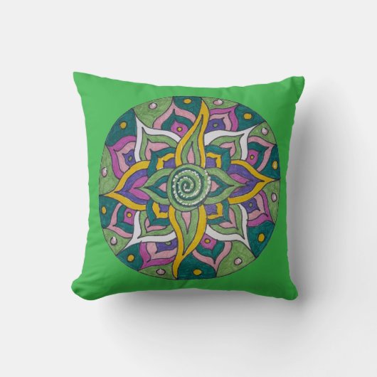 Pink/Green Lotus Mandala Throw Pillow クッション (正面)