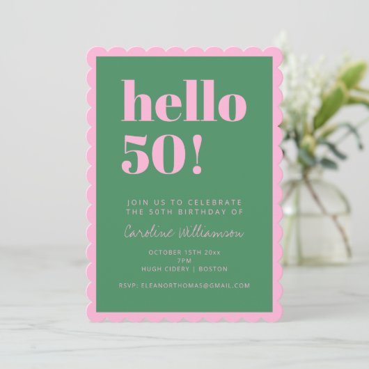 Pink Green Modern 50th Scalloped Birthday Party 招待状 (スタンド正面)