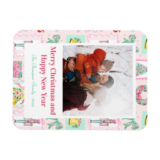 Pink & Green Nutcracker Custom Christmas Photo  マグネット (横)