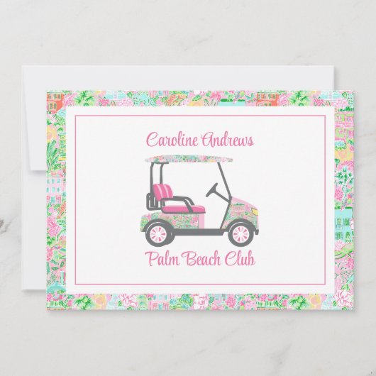 Pink & Green Palm Beach Golf Cart Personalized サンキューカード (正面)