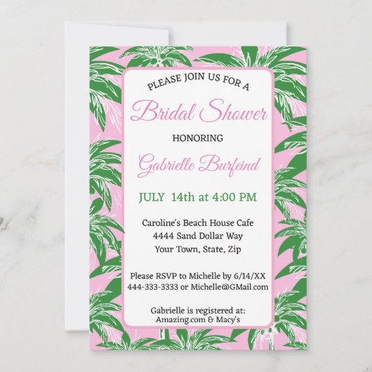 Pink & Green Palm Bridal Shower Invitation | Palm  招待状 (正面)