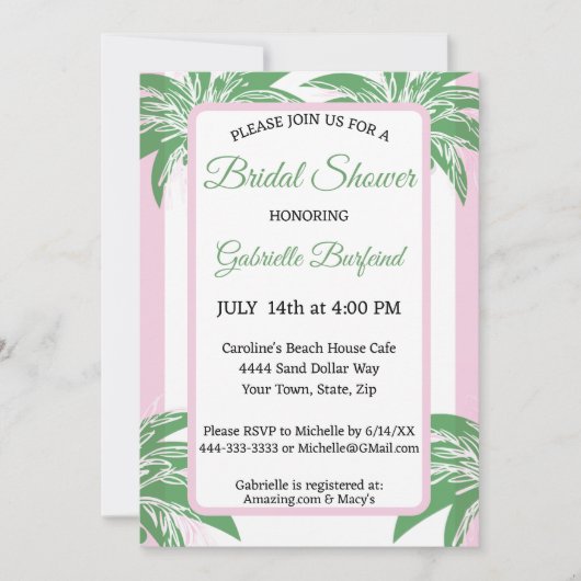Pink & Green Palm Bridal Shower Tropical  招待状 (正面)