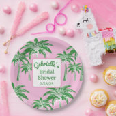 Pink Green Palm Tree Bridal Shower Custom Name ペーパープレート (パーティー)