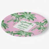 Pink Green Palm Tree Bridal Shower Custom Name ペーパープレート (アングル)