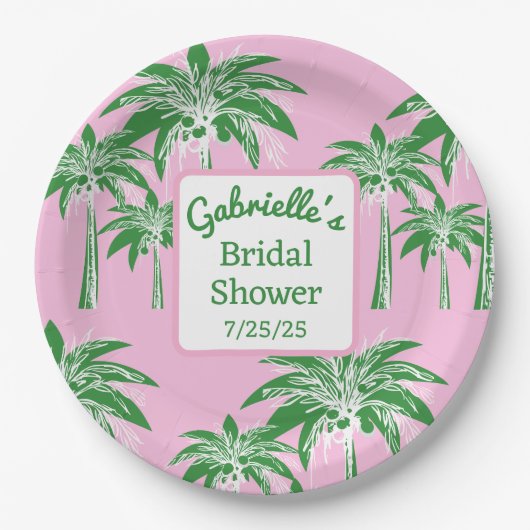 Pink Green Palm Tree Bridal Shower Custom Name ペーパープレート (正面)