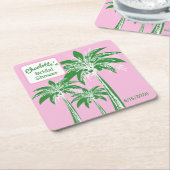 Pink Green Palm Tree Bridal Shower Script Name スクエアペーパーコースター (アングル)
