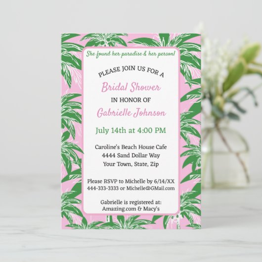 Pink Green Palm Tree Preppy Summer Shower Party 招待状 (スタンド正面)