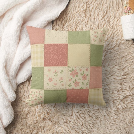 Pink Green Patchwork Quilt Rustic Farmhouse  クッション (ブランケット)
