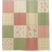 Pink Green Patchwork Quilt Rustic Farmhouse Floral シャワーカーテン (正面)