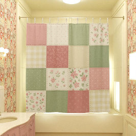 Pink Green Patchwork Quilt Rustic Farmhouse Floral シャワーカーテン