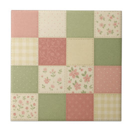 Pink Green Patchwork Quilt Rustic Farmhouse Floral タイル