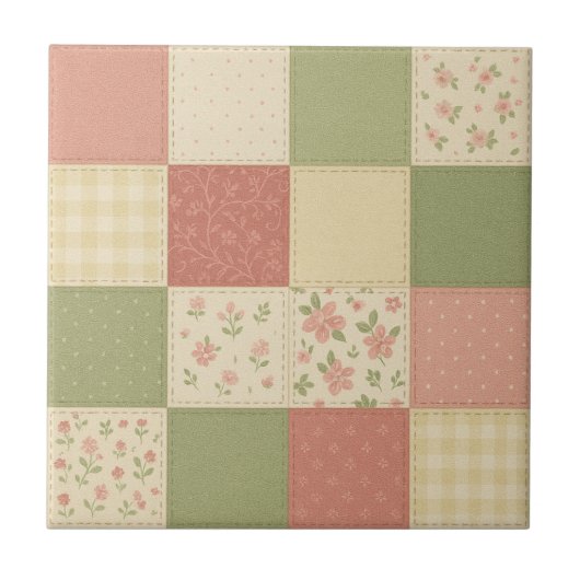 Pink Green Patchwork Quilt Rustic Farmhouse Floral タイル (正面)