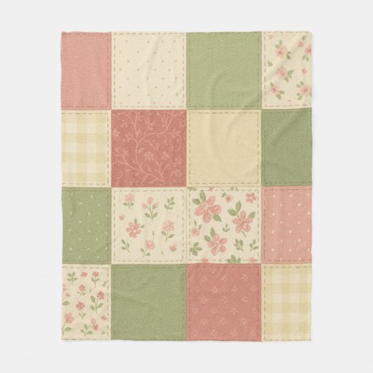 Pink Green Patchwork Quilt Rustic Farmhouse Floral フリースブランケット (正面)