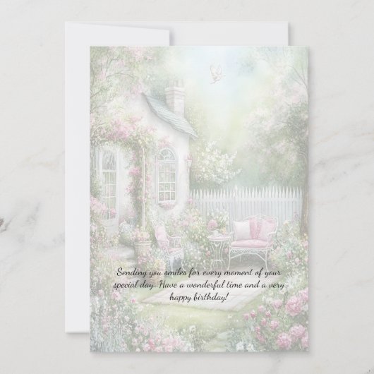 Pink Green Patio Garden Setting Birthday | 招待状 (裏面)