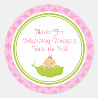 Pink & Green Pea in the Pod Baby Shower Stickers ラウンドシール