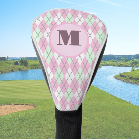 Pink Green preppy argyle custom monogram ladies ゴルフヘッドカバー