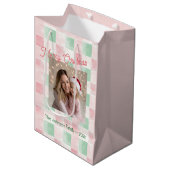 Pink Green Retro Photo Christmas ミディアムペーパーバッグ (正面アングル)