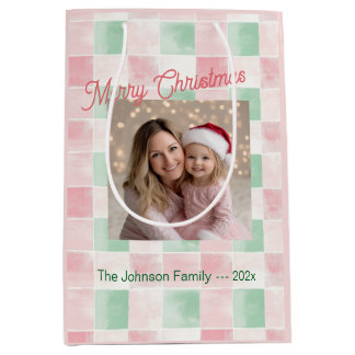 Pink Green Retro Photo Christmas ミディアムペーパーバッグ