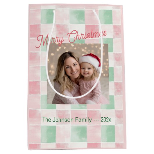 Pink Green Retro Photo Christmas ミディアムペーパーバッグ (正面)