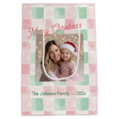 Pink Green Retro Photo Christmas ミディアムペーパーバッグ (裏面)