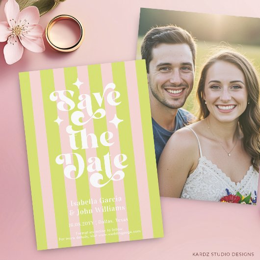 Pink Green Retro Typography Wedding Save The Date 案内状
