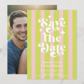 Pink Green Retro Typography Wedding Save The Date 案内状 (正面/裏面)