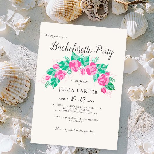 Pink Green Rose Flowers Garden Bachelorette Party 招待状
