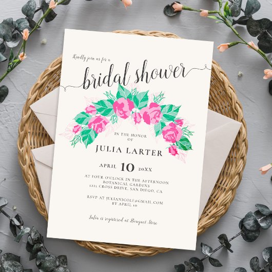 Pink Green Rose Flowers Garden Bridal Shower 招待状
