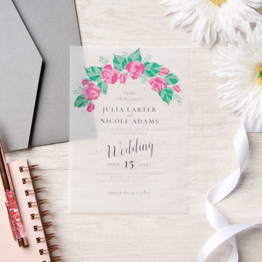 Pink Green Rose Petals Flowers Garden Wedding ベラム紙招待状 (ウェディング)