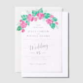 Pink Green Rose Petals Flowers Garden Wedding ベラム紙招待状 (オフセット)