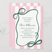 Pink Green Striped Bow Cute Baby Shower Whimsical 招待状 (正面/裏面)