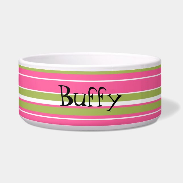 Pink & Green Striped Custom Dog Bowl ボウル (正面)