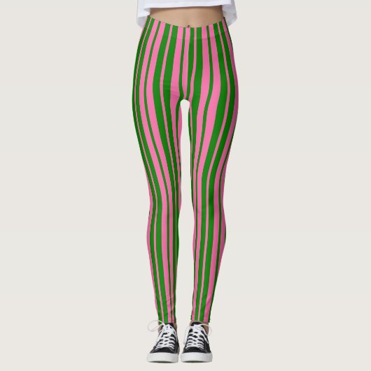 Pink Green Stylish Stripes Pattern Design  レギンス (正面)