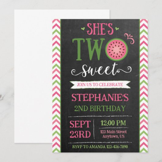 Pink Green Two Sweet Melon 2nd Birthday Invitation 招待状 (正面/裏面)