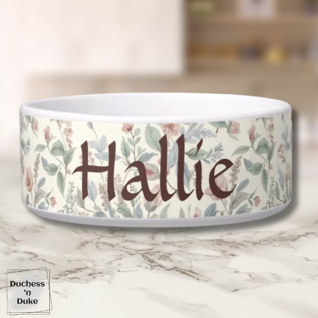 Pink Green Vintage Floral Pattern Pet  ボウル (Pink Green Vintage Floral Pattern Garden Style Bowl)