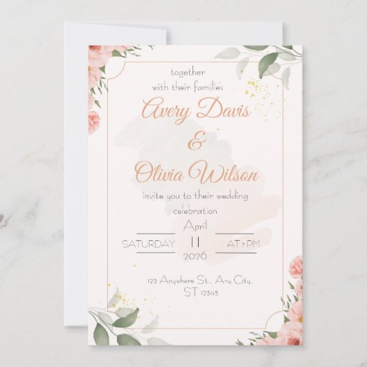 Pink & Green Watercolor Floral Wedding Invitation 招待状 (正面)