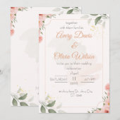 Pink & Green Watercolor Floral Wedding Invitation 招待状 (正面/裏面)