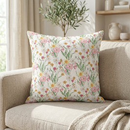 Pink Green Watercolor Wildflower クッション